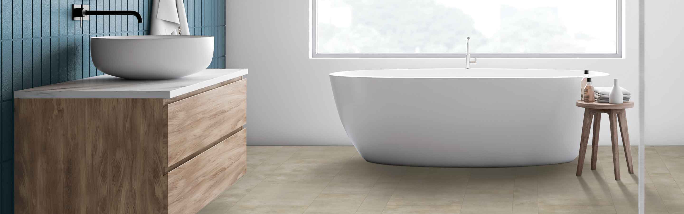 bathroom with white deep soak tub and wood accents, stone-look vinyl flooring